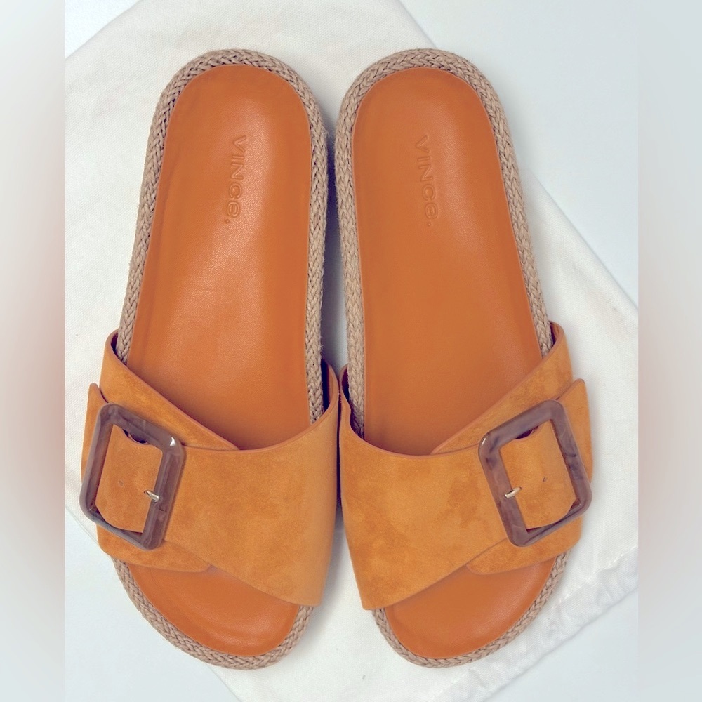 VINCE Grant Suede Buckle Slide Sandals – Orange Suede – NWOT – Size 9 (Fits 9.5) - Picture 2 of 11